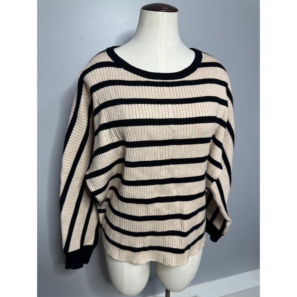 Tahari Ribbed Knit Striped Sweater Cream Black Gold Button Shoulder XL